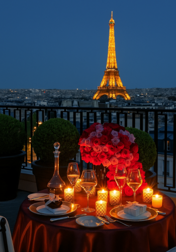 Cena romántica en Paris frente a la Torre Eiffel