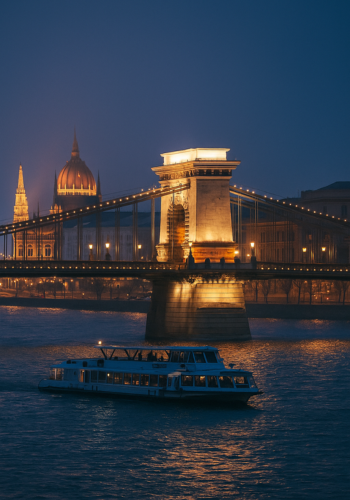 Navega al atardecer con vistas espectaculares del Parlamento y los puentes iluminados, acompañado de música y champagne.